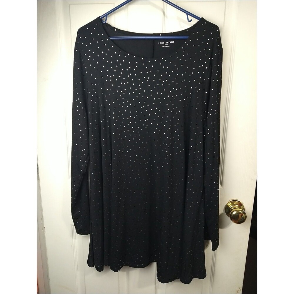 Lane Bryant Woman 14/16 Tunic Long Sleeve Black Shirt Silver Polka Dot Business